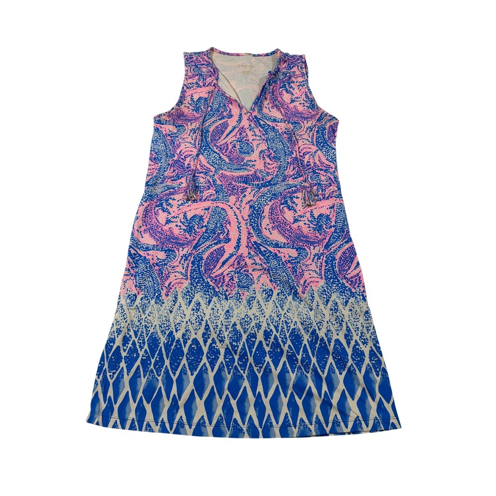 Lilly Pulitzer Gator My Drift Sleeveless Shift Dress XS Pink Blue Tassel UPF 50+